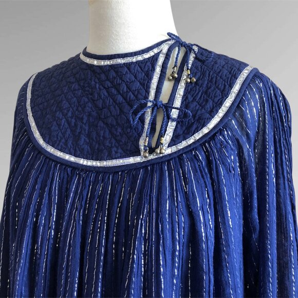 Vintage 70s 80s Silver Metal Lurex & Blue Cotton Gauze Indian Quilted Bib Dress - Picture 5 of 11